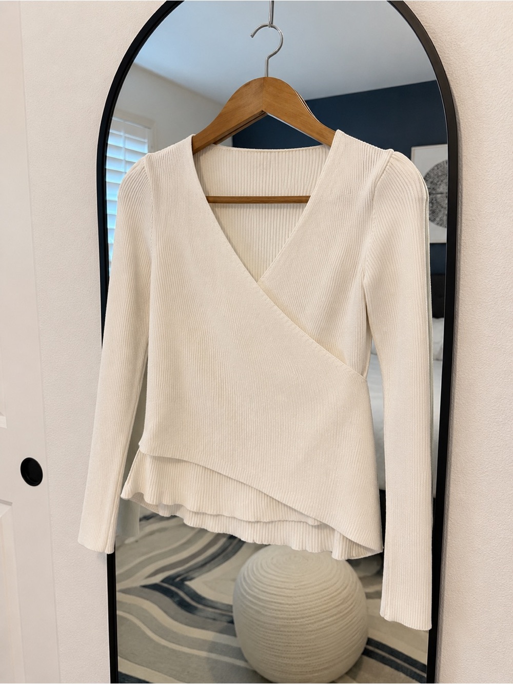 525 Cream Ribbed Wrap-Front Long-Sleeve Top